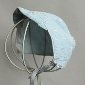 Vintage 1950s Baby Bonnet, Pale Blue Embroidered Cotton with Ribbon Ties, Infant